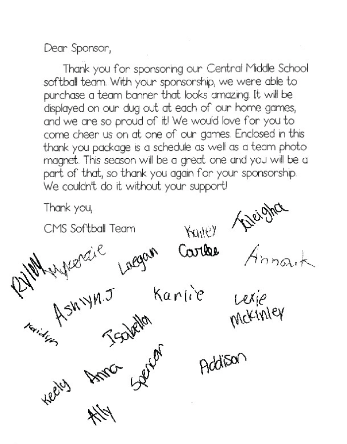 Thank you letter from CMS Softball Team